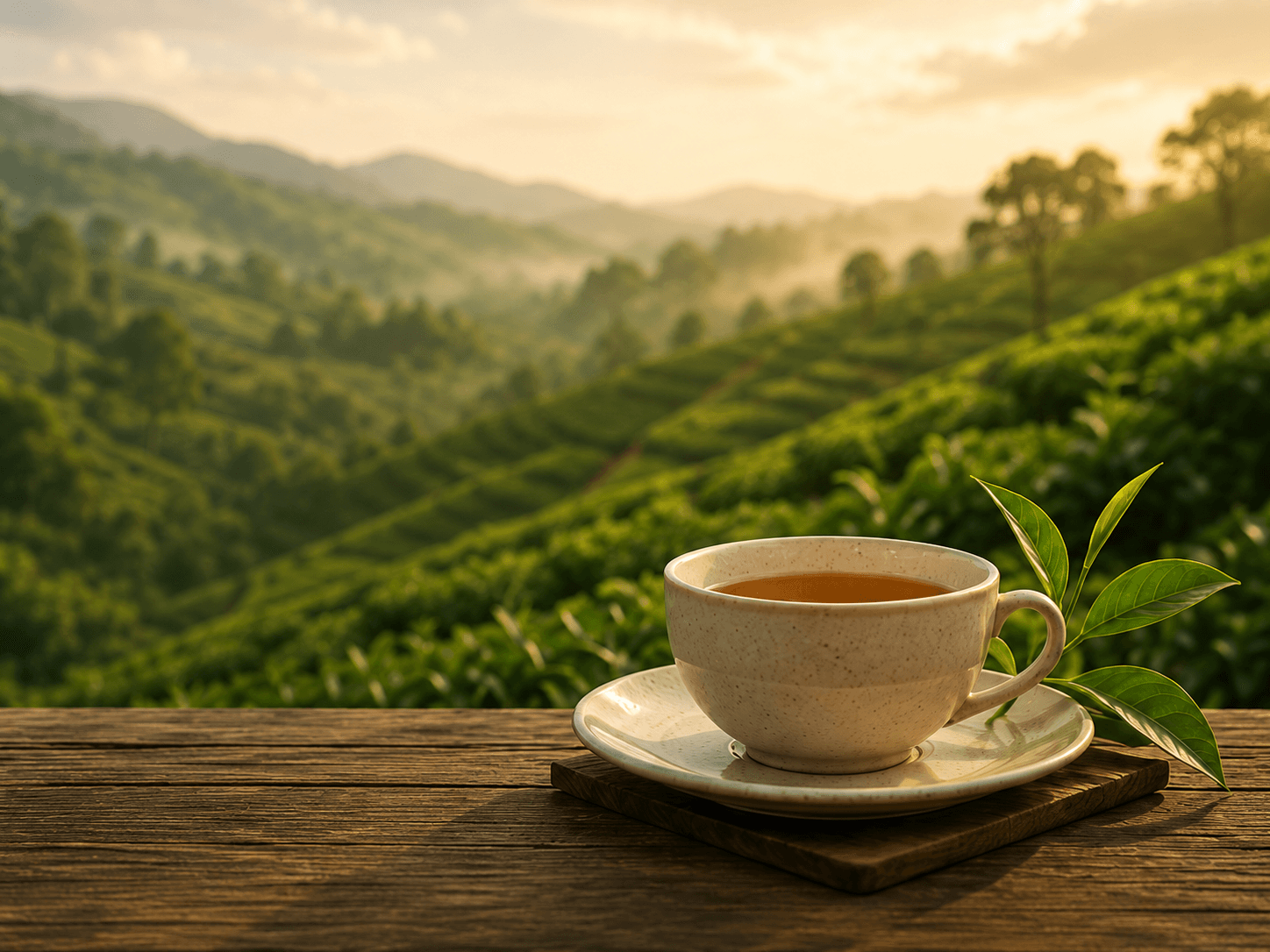 A cup of Ceylon tea overlooking Sri Lankan tea fields